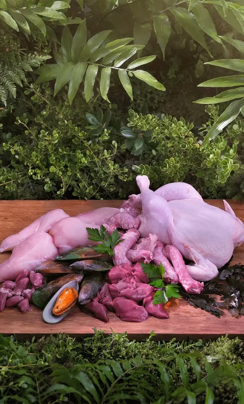 Ziwi Peak Chicken for Cats displayed with raw poultry, organ meats, and mussels on a rustic board, highlighting its high-meat, air-dried, protein-rich nature.