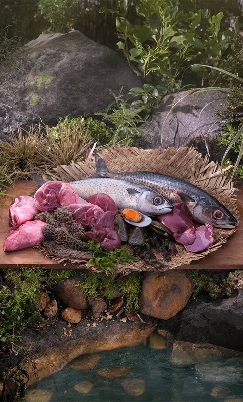 Ziwi Peak Mackerel & Lamb for Dogs features whole fish, organ meats, and mussels on a rustic mat, highlighting air-dried, nutrient-rich ingredients for canine nutrition.
