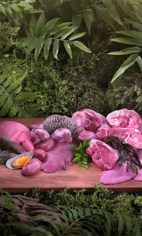 Ziwi Peak Steam Dried Beef with Pumpkin displayed on a rustic board, featuring diverse raw meats, offal, and herbs, illustrating its high-quality, meat-focused composition.